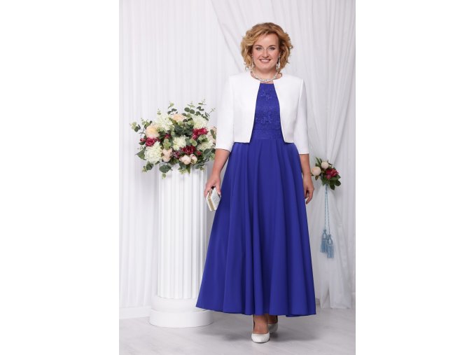 Luxusní společenské šaty pro plnoštíhlé Eugenia modré dlouhé s bílým kabátkem