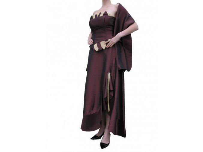 Dynasty luxusní společenské dlouhé šaty Valencia hnědé s šálou