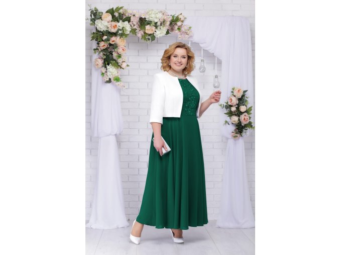 Luxusní společenské šaty pro plnoštíhlé Eugenia II smaragdově zelené dlouhé s bílým kabátkem