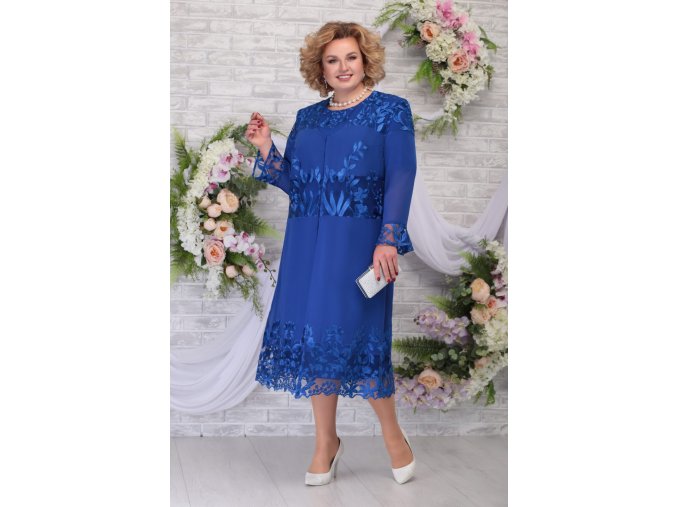 Luxusní společenské šaty pro plnoštíhlé Aubriella modré s dlouhým kabátkem
