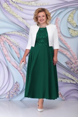 Luxusní společenské šaty pro plnoštíhlé Eugenia III smaragdově zelené dlouhé s bílým kabátkem