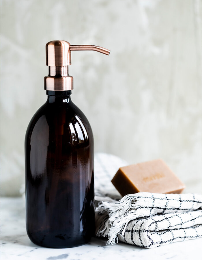 Amber Glass Soap Dispenser With Stainless Steel Pump - 500ml, Bronze
