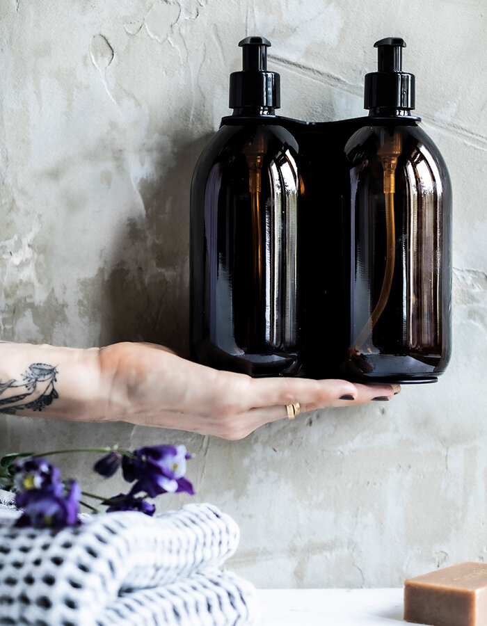 Double Soap Dispenser Black Wall Mounted Stainless Steel Bottle Holder | Regular