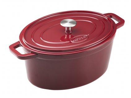 Hrnec oválný litinový 6,4l, 31x23 cm červený s poklicí, RÖSLE
