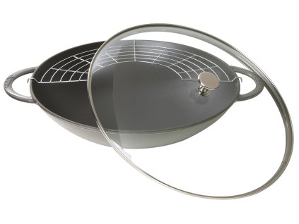 Litinová WOK Pánev 30 cm indukční 4,4l černá se skleněnou poklicí, STAUB