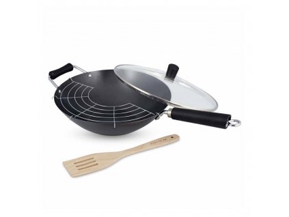 Wok pánev 31 cm Excellence nepřilnavá z karbonové oceli s poklicí, KEN HOM