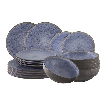 Jedálenská keramická súprava SANTORINI 18ks sivá/modrá