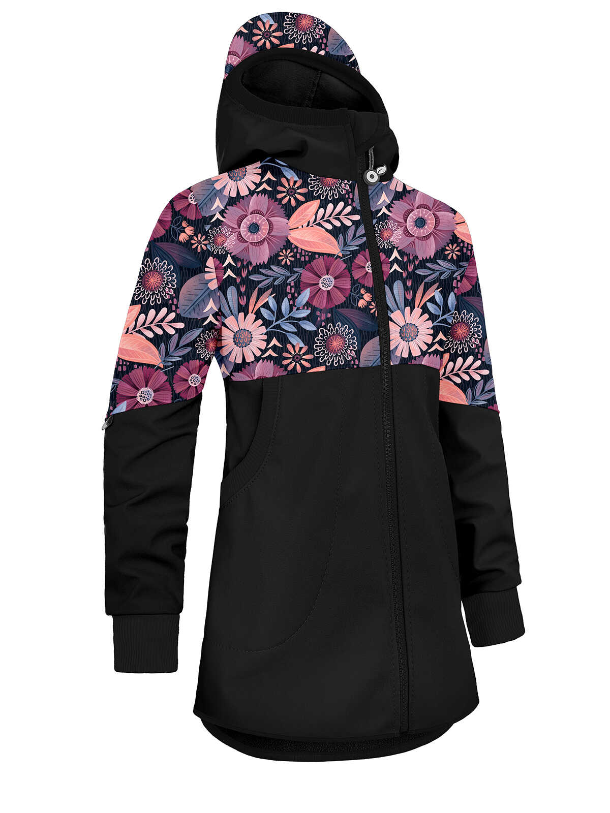 UNUO Dívčí softshellový kabát s fleecem STREET, černá, kouzelné květiny Velikost: 146 - 152