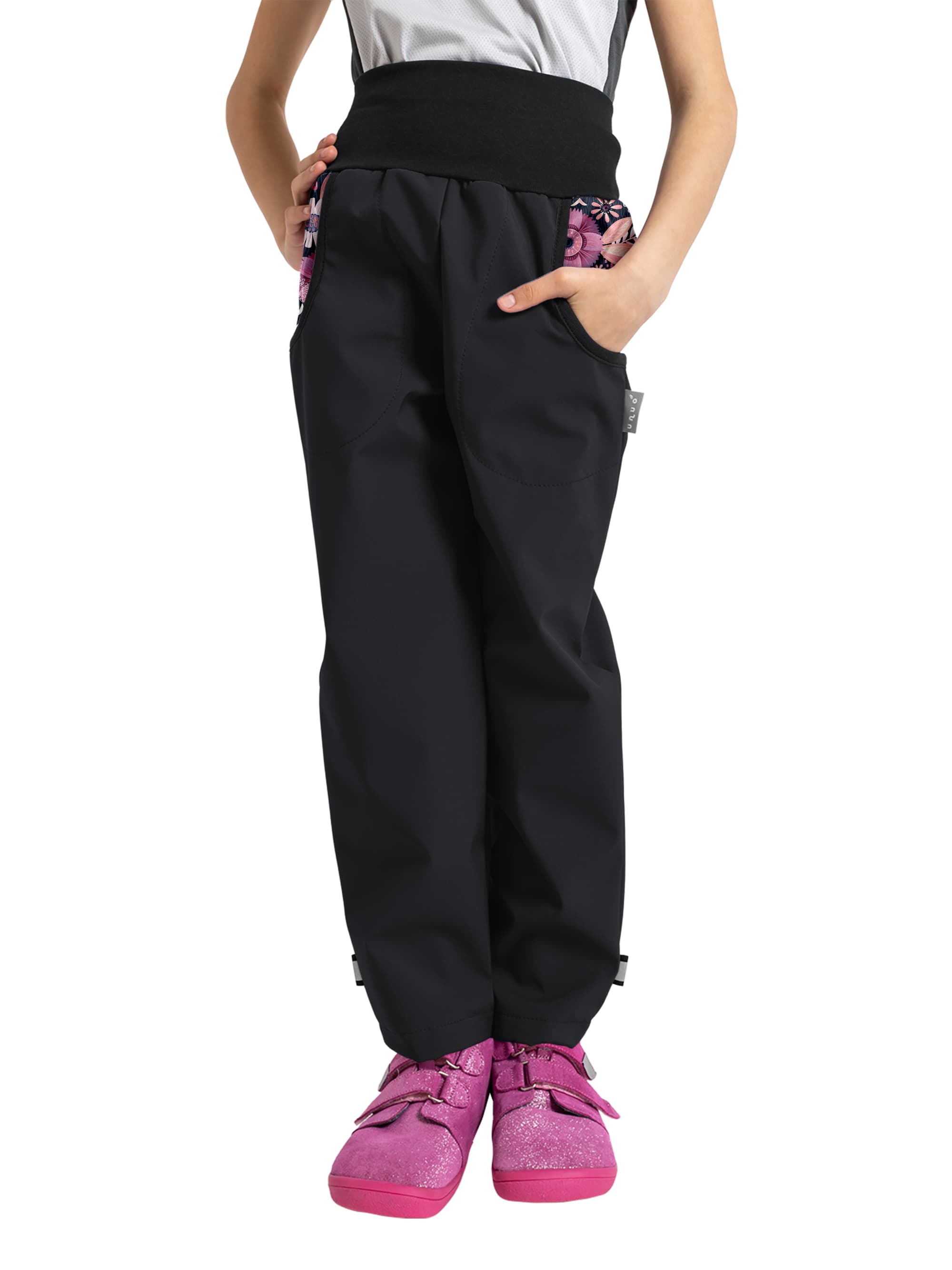 UNUO Softshellové kalhoty bez zateplení Basic, Černá, Kouzelné květiny Velikost: 98 - 104