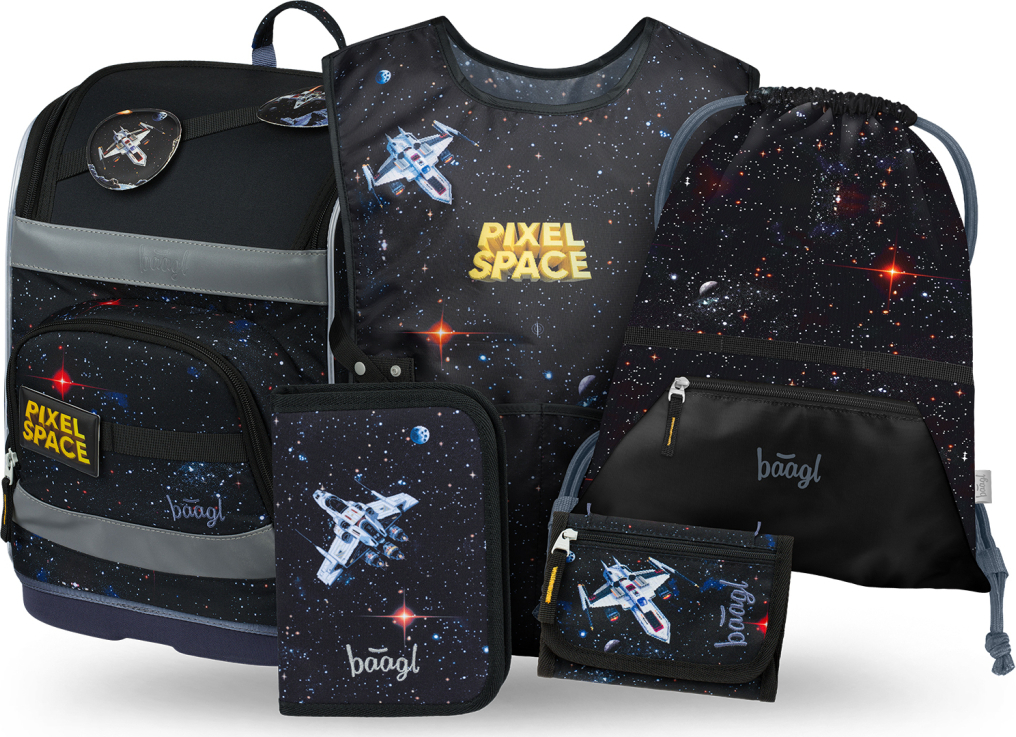 Levně BAAGL SET 5 Zippy Plus Pixel Space: aktovka, penál, sáček, zástěra, peněženka