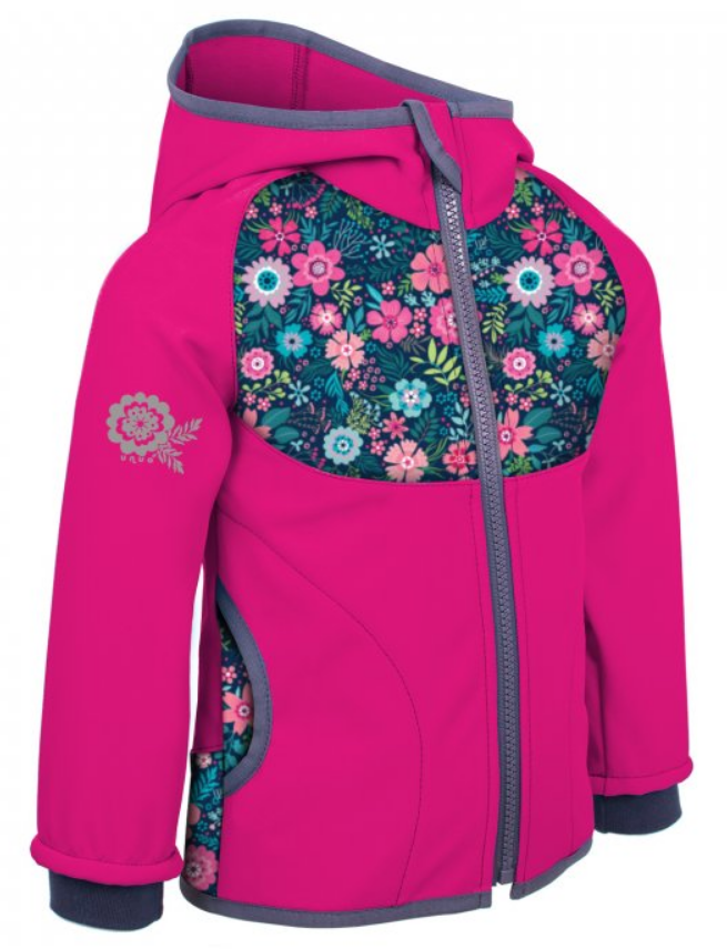 UNUO Dětská softshellová bunda s fleecem, Fuchsiová, Květinky Velikost: 116 - 122