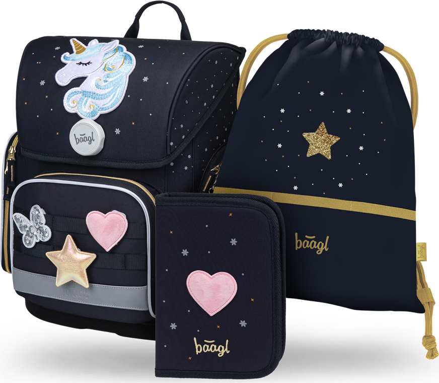 Levně BAAGL SET 3 Ergo Unicorn Gold: aktovka, penál, sáček