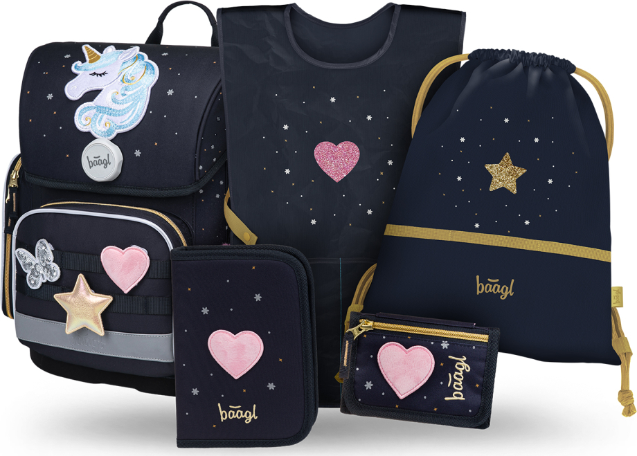 BAAGL SET 5 Ergo Unicorn Gold: aktovka, penál, sáček, zástěra, peněženka