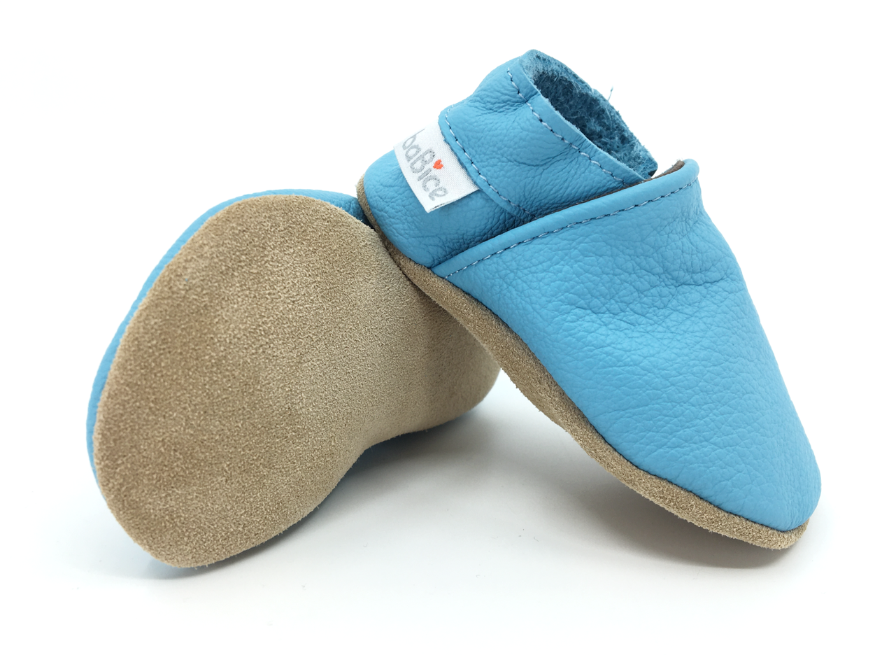 Levně Kožené barefoot capáčky BaBice Baby blue BA-121