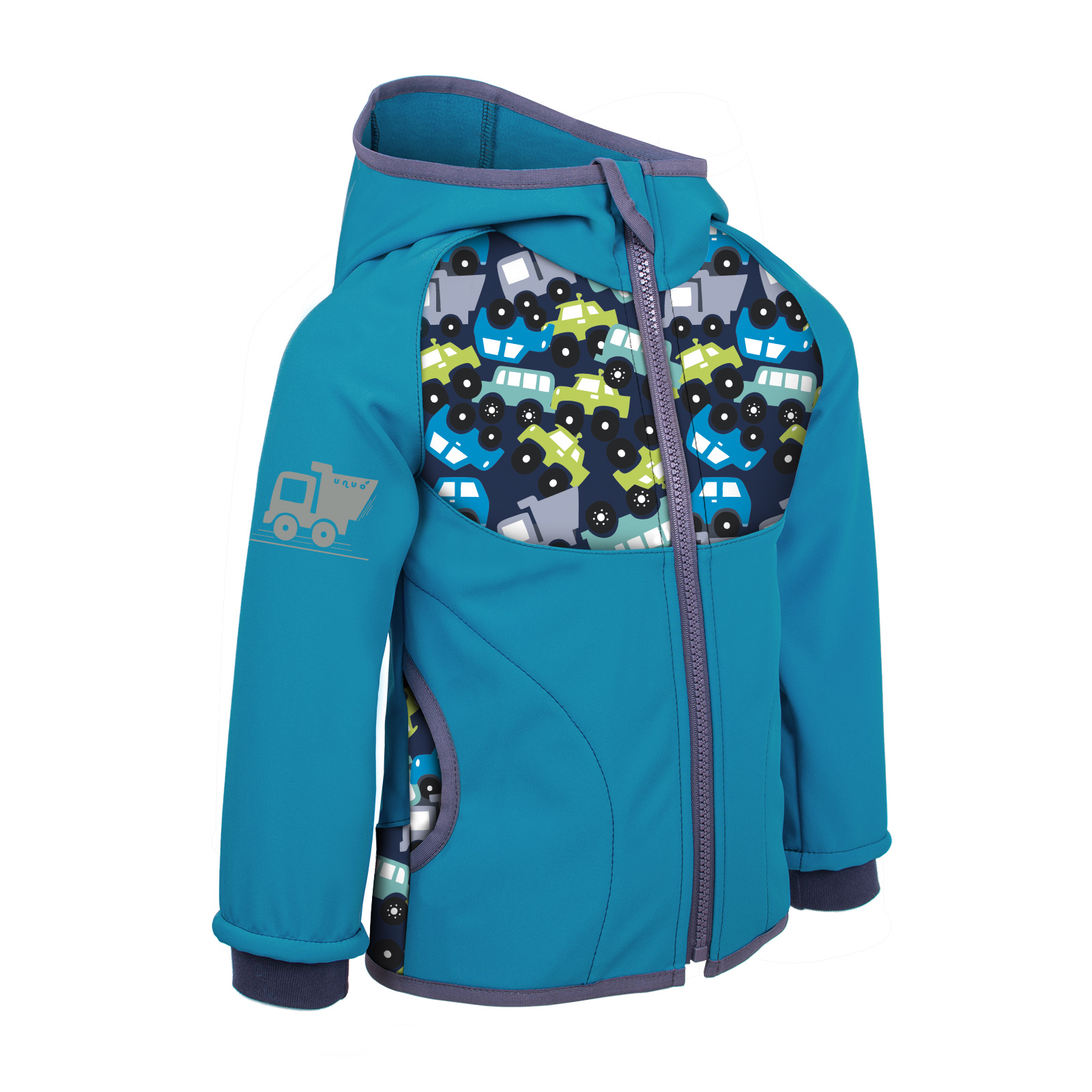 UNUO Dětská softshellová bunda bez zateplení, Modrozelená Aqua, Autíčka Velikost: 80 - 86