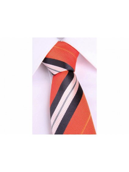1918 oranzova hedvabna slim kravata s barevnymi pruhy