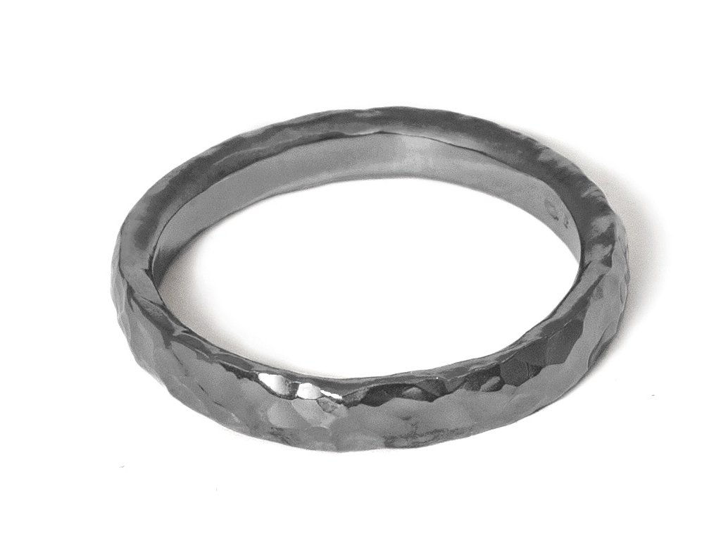 Silver dark conical hammered ring narrower
