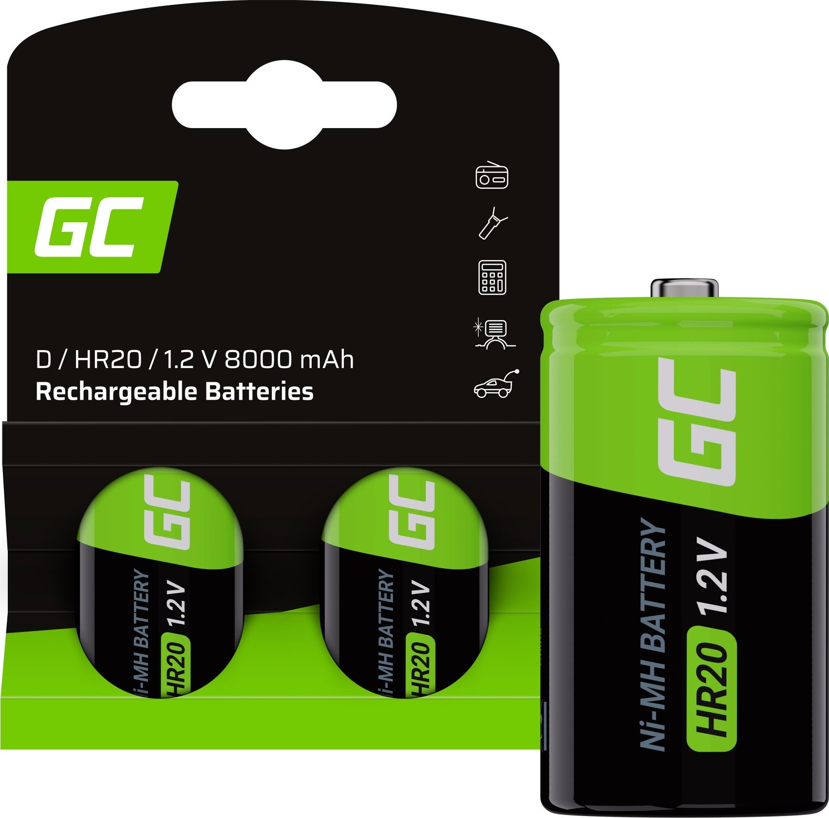 Nabíjateľné batérie 2x D R20 HR20 Ni-MH 1.2V 8000mAh Green Cell
