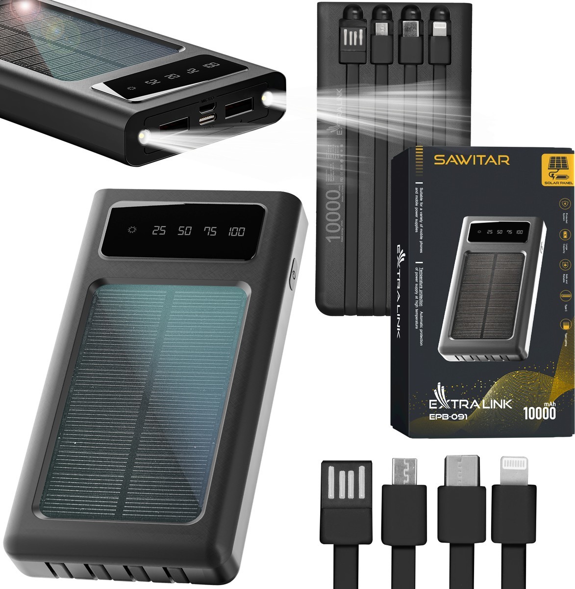 Powerbanka | Solárna power banka, USB-C, Extralink EPB-091 10000mAh, čierna