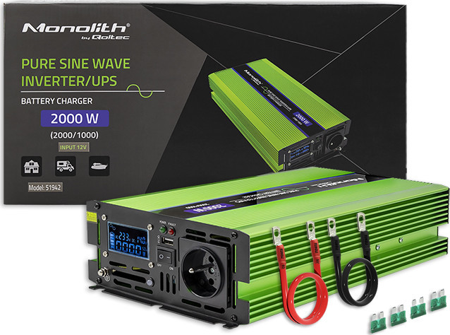Menič napätia | nabíjanie batérie | UPS | 1000W | 2000W | 12V až 230V | Čistý sínus | LCD