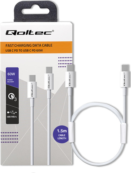 Kábel USB-C 2.0 |  USB-C 2.0 60W | QC 3.0 |  PD | 1.5m | biely