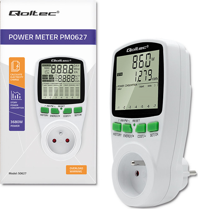 Wattmeter Počítadlo spotreby energie PM0627 s históriou merania| 3680W | 16A | LCD