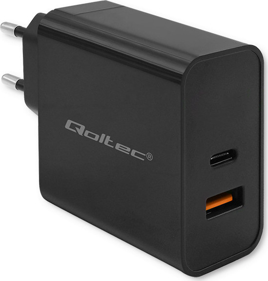 Qoltec Sieťová nabíjačka Super Quick PD | 1x USB-C | 1x USB-A | 90W | 5-20V | 2.4-4.35A | Čierna