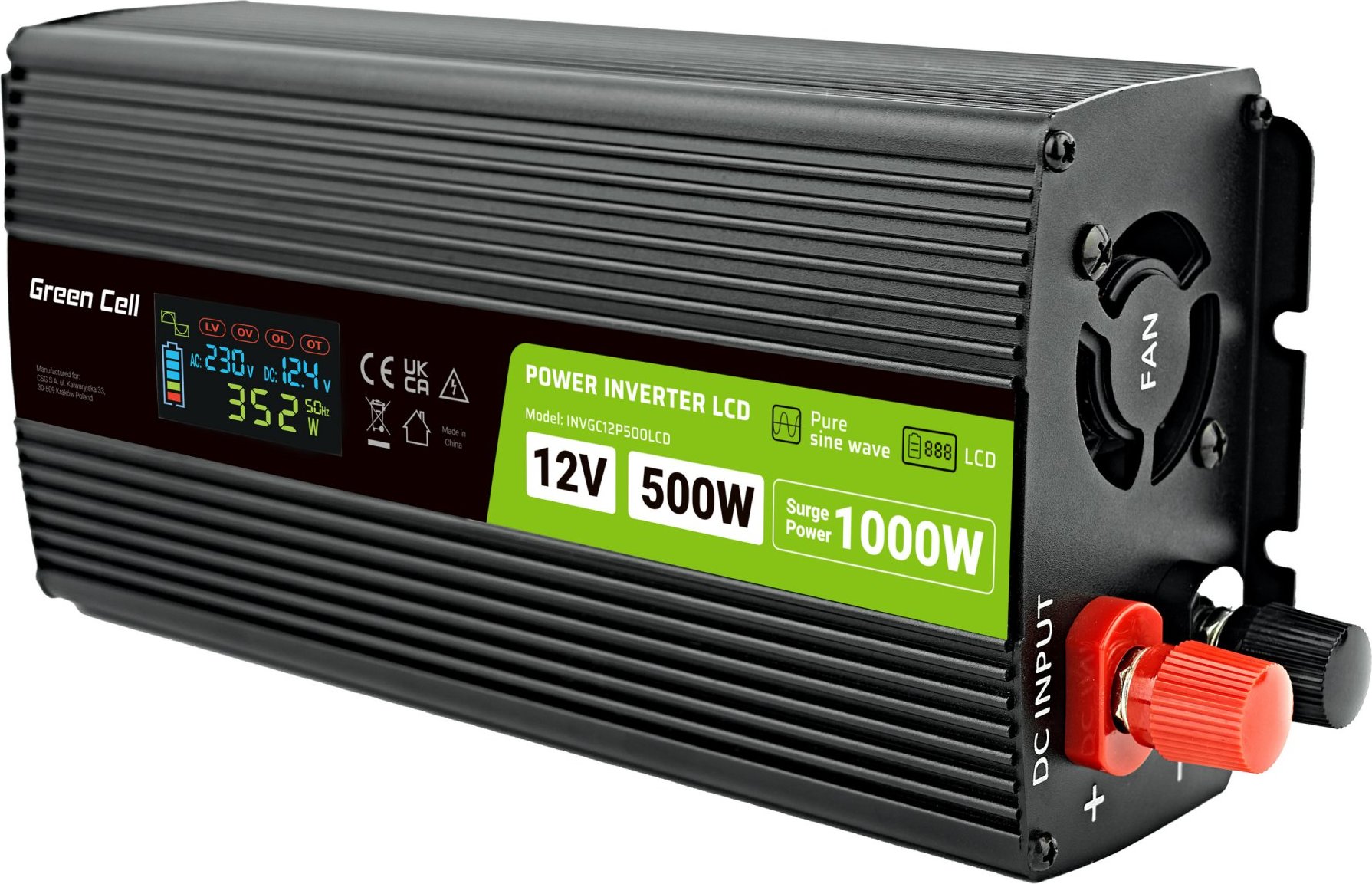 GREEN CELL Menič napätia 12V | 500W/1000W | LCD | čistá sínusoida