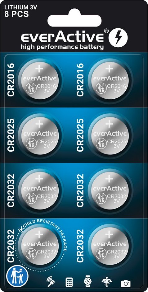8 kusov - sada 4 x CR2032 / 2x CR2025 / 2x CR2016  Lítiových batérií  everActive