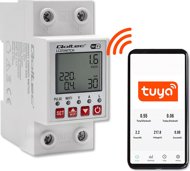 Relé 63A na DIN lištu s elektromerom Qoltec  | Časovač | Tuya | Wi-Fi | LED dióda