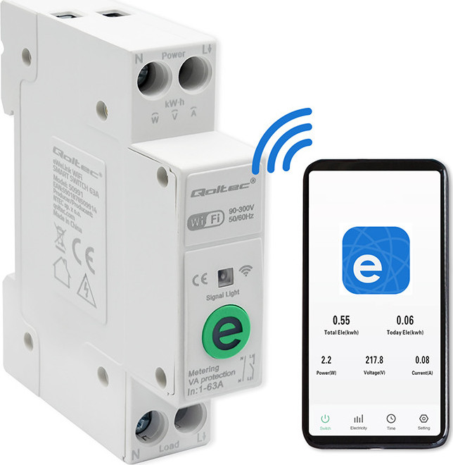 Relé 63A na DIN lištu s elektromerom Qoltec | eWeLink od Sonoffa | Wi-Fi | LED dióda