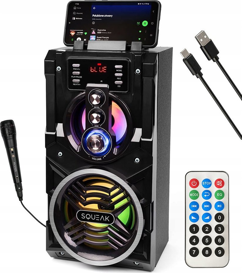 Bluetooth reproduktor Squeak BeatBoxer SQ1000 s mikrofónom, USB-C, FM rádiom, karaoke a podsvietením  Prenosný párty reproduktor s Bluetooth 5.1,…