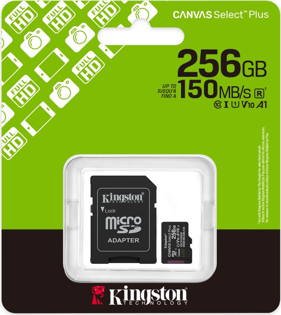 Pamäťová karta microSD Kingston 256GB Canvas Select Plus 150MB/s UHS-I U1 trieda 10 V10 A1 (microSDXC) + adaptér