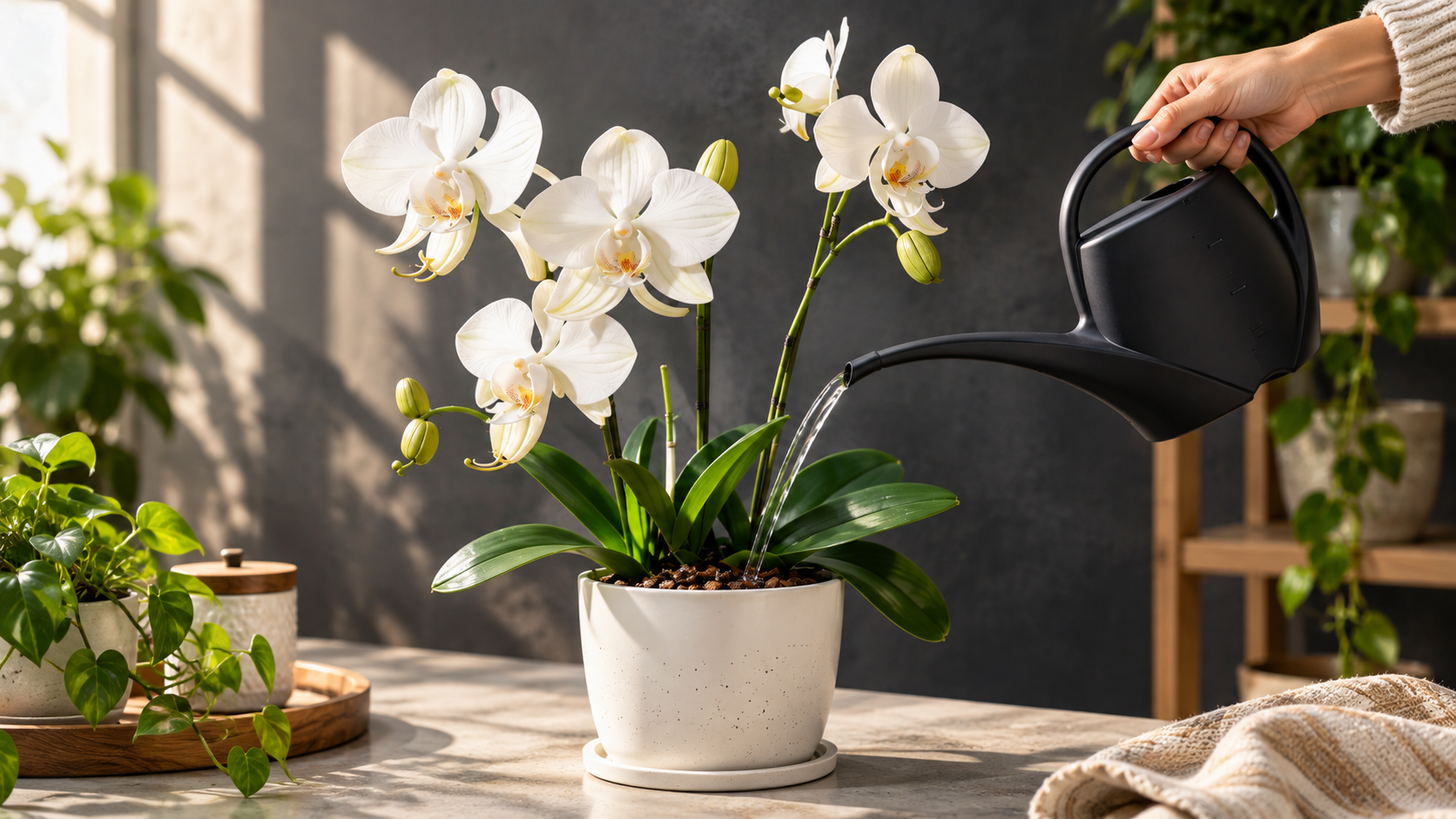 Zálivka orchideje konví - voda protéká substrátem