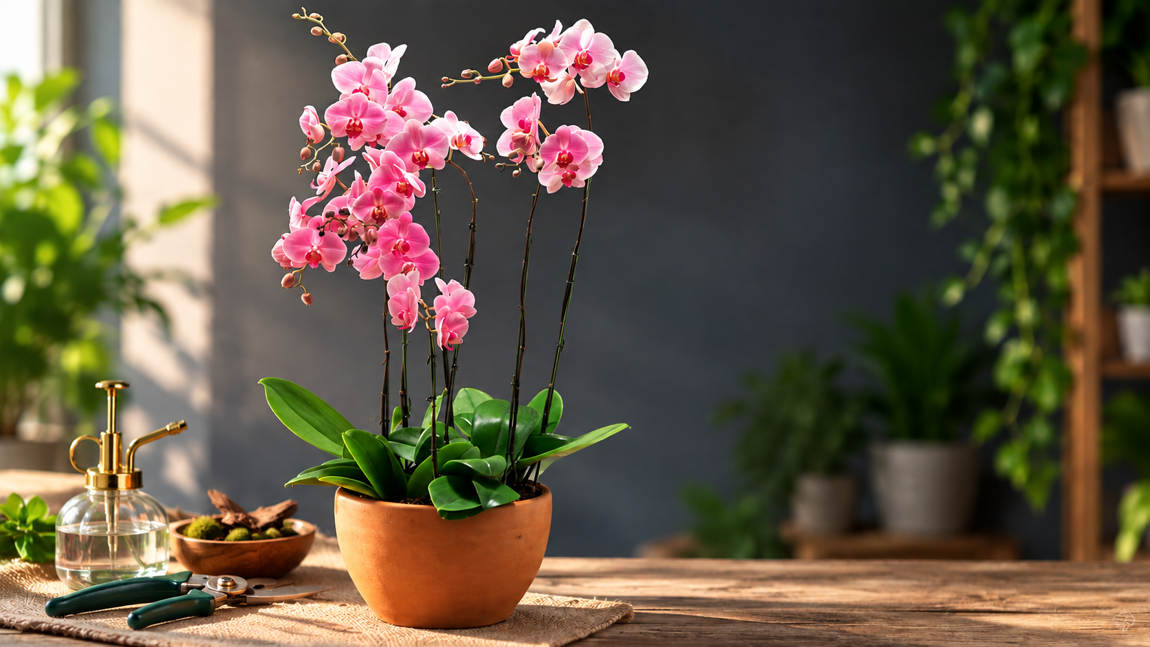 Kvetoucí orchidej v květináči s rozprašovačem a nůžkami