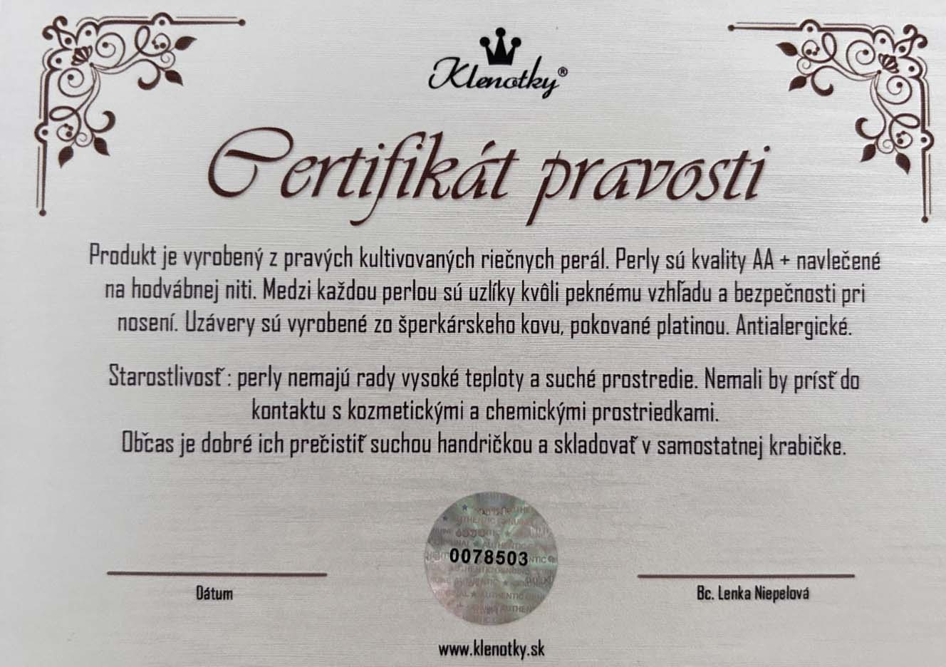 Certifikát pravosti – riečne kultivované perly