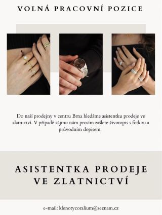 Do našeho zlatnictví s 20ti letou tradicí hledáme nové uchazeče na pozici Asistentka prodeje. Zaměřujeme se na prodej...