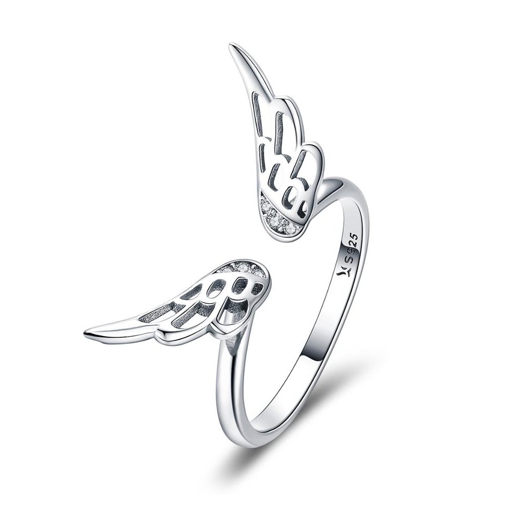 stříbrný prsten andělská křídla se zirkony