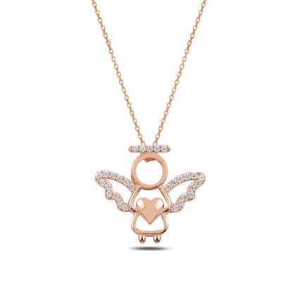 Stříbrný náhrdelník anděl - drobné zirkony - růžové zlacení