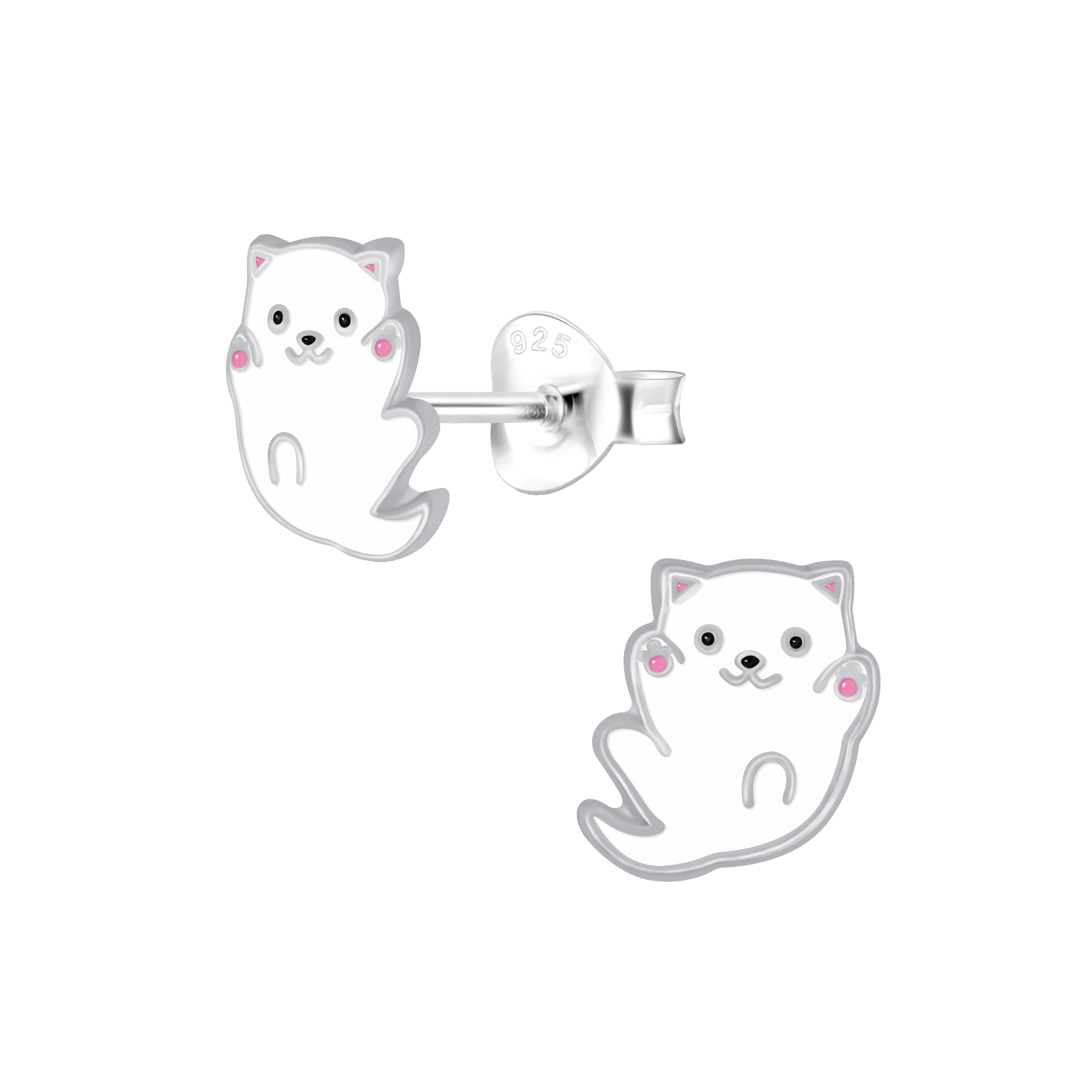 Levně Stříbrné náušnice kočička bílá