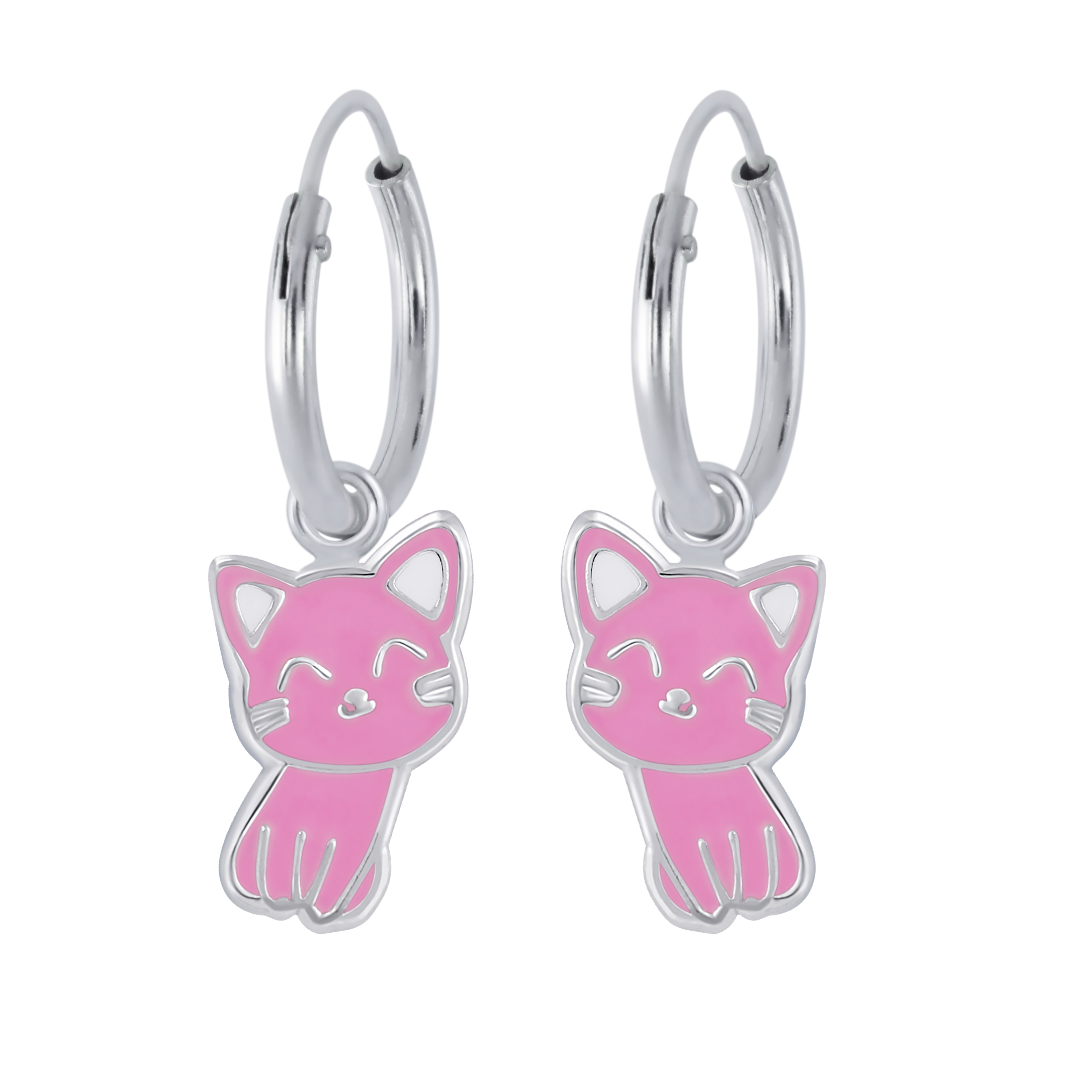Levně Stříbrné náušnice kroužky kočky růžové 12 mm