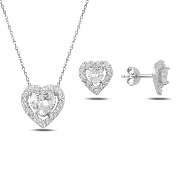 Levně Stříbrná sada šperků srdce - náušnice, náhrdelník