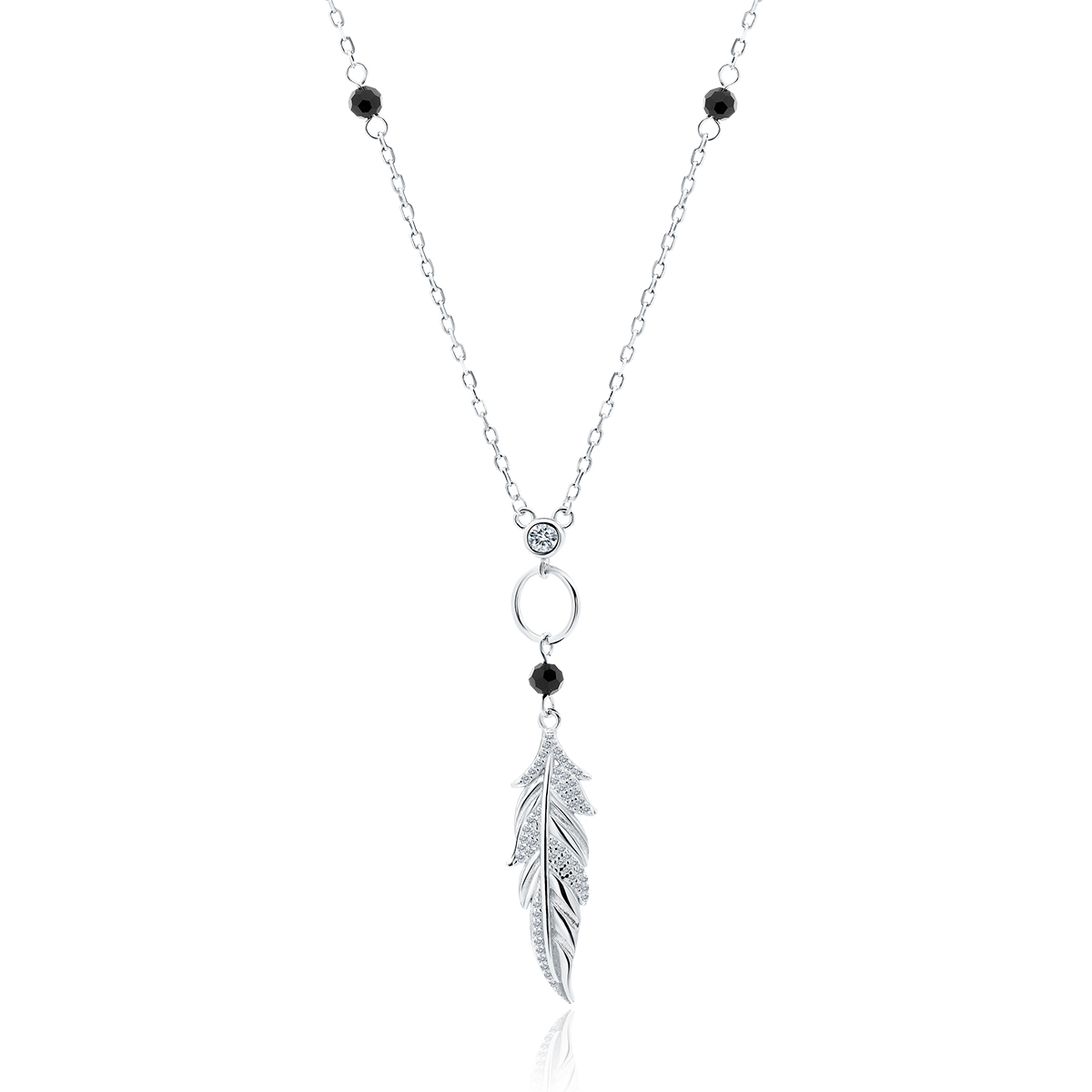 Levně Stříbrný náhrdelník s černými trny a zirkonem - pírko