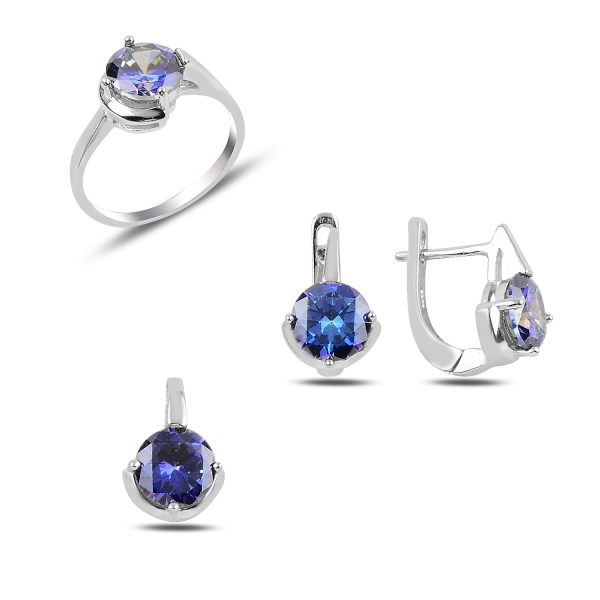 Levně Luxusní sada s barevnými zirkony - prsten, náušnice a přívěsek - tmavě modrá