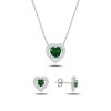 Stříbrná sada šperků srdce zelené - náušnice, náhrdelník