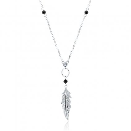 Stříbrný náhrdelník s černými trny a zirkonem pírko