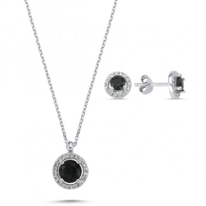 Stříbrná sada šperků kolečka černý kámen - náušnice, náhrdelník
