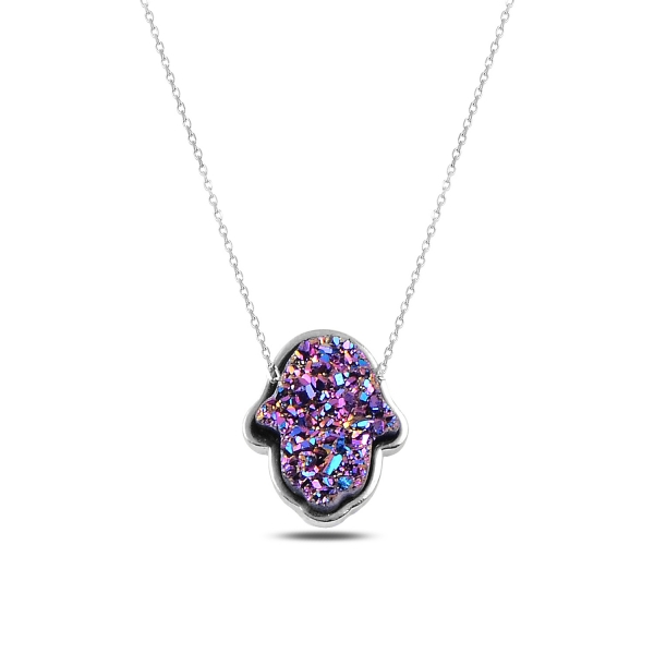 Klenoty Amber Strieborný náhrdelník hamsa fialová drôza