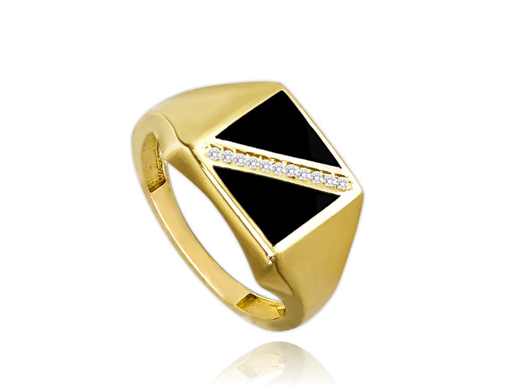 MINET Zlatý pánský pečetní prsten se zirkony Au 585/1000 vel. 60 - 4,35g (Velikost prstenu 60)