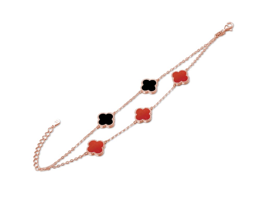 MINET Rose gold stříbrný náramek čtyřlístek s červeným achátem a onyxem